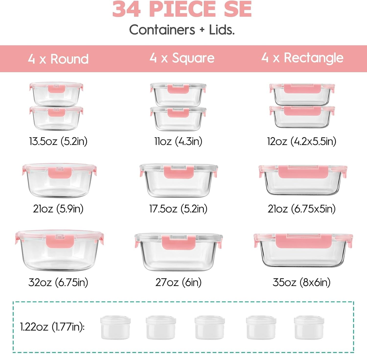 34Pcs Glass Food Storage Containers with Lids Set, Airtight Meal Prep Containers (17 Containers & 17 Lids), Pink
